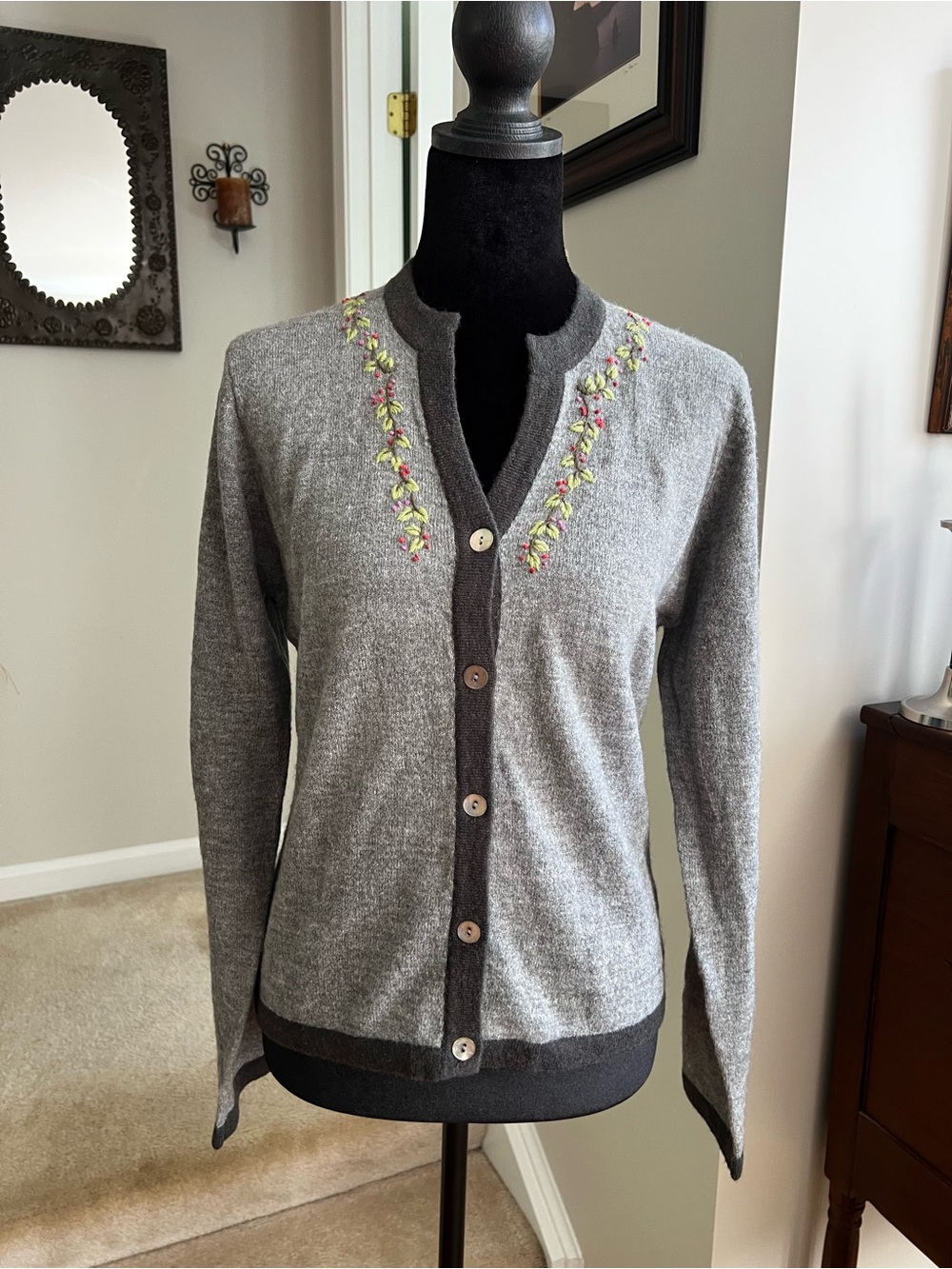 Royal Robbins Embroidered Wool Blend Cardigan Gray Floral NWT Size S
